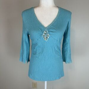 Y2K Size Small Blouse Top Teal Mermaid Shell Beaded Babydoll Lace Trim